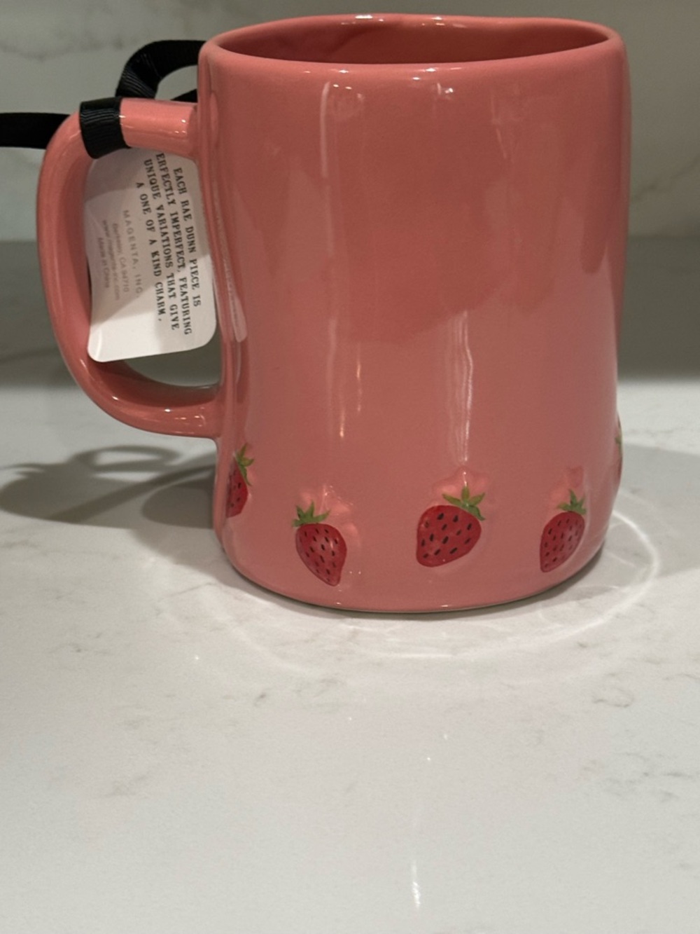 Rae Dunn light red Ceramic Mug - HELLO SUMMER- with 3D Strawberry 🍓 border - Picture 2 of 6